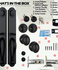 Matte Black Double Door Handle Set with Keyed and Dummy Latches, accessories layout including exterior plates and keys.
