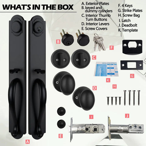 Matte Black Double Door Handle Set with Keyed and Dummy Latches, accessories layout including exterior plates and keys.