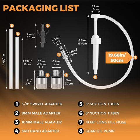 Image showing packaging list for Lower Unit Gear Oil Pump For Standard Quart Bottles With 28mm Caps, 10cc Per Stroke, with descriptions.
