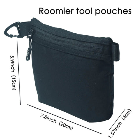 Front view of Water Resistant Zipper Pouch With Carabiner Clip Small Nylon Travel Organizer For Cosmetics And Toiletries Multipurpose Go To Bag For Digital Gear And Tools Durable Black.