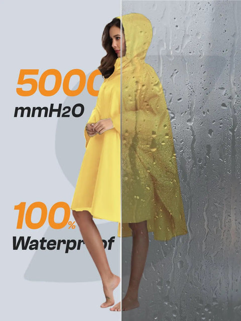 Unisex Lightweight Waterproof Hooded Rain Poncho With Zipper Front Pockets And Packable Design For Men And Women, yellow split view