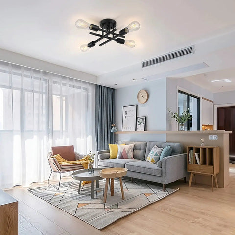 Living room with Industrial Four Light Semi Flush Mount Ceiling Light Fixture Matte Black Rustic Sputnik Chandelier