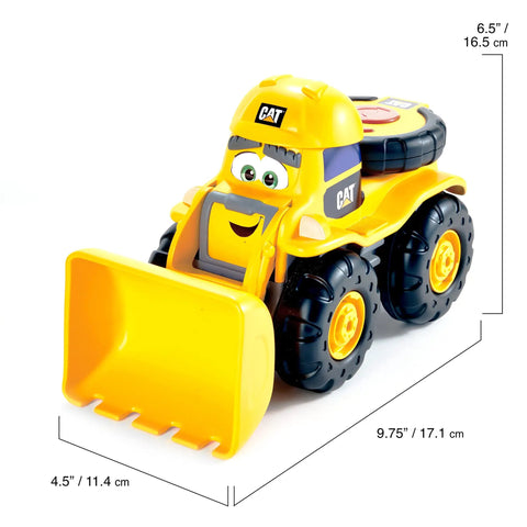 Kid Friendly RC Loader Truck With Easy To Use Controller, 10.5 Inch Construction Vehicle With Working Headlights And Stowable Controller, Realistic Drive And Batteries Included in yellow, showcasing toy dimensions.