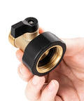 Solid Brass Garden Hose Shut Off Valve Three Quarter Inch Connector Heavy Duty Water Hose Stopper With Easy Turn Handle Two Pack Includes Four Extra Rubber Washers For Leak Free Control, hand holding valve
