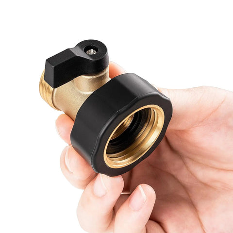 Solid Brass Garden Hose Shut Off Valve Three Quarter Inch Connector Heavy Duty Water Hose Stopper With Easy Turn Handle Two Pack Includes Four Extra Rubber Washers For Leak Free Control, hand holding valve