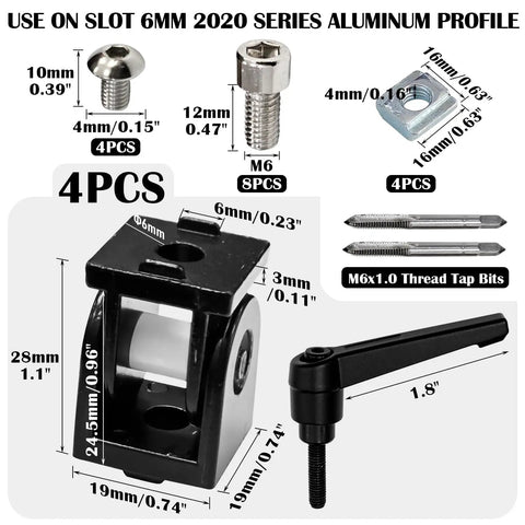 4 Pack 2020 Series Aluminum Extrusion Profile Connectors With 180 Degree Adjustable Pivot Brackets And Handles M6 X 1.0 Screws Nuts And Tap Bits For 6mm T Slot And 20 By 20 Aluminum Rails Black, black pivot connector set