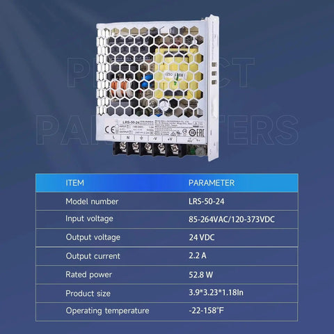 Beefy 50W 24V 2.2A Enclosed AC-DC Power Supply, Fanless 1U Low-Profile Silent Cooling, Adjustable 21.6-28.8V Output For Industrial Automation And Home Electronics. Metal case with honeycomb vent and screw terminals
