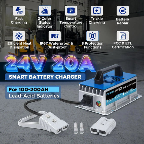 24V 20A Fully Automatic Smart Forklift Charger With 16 Ft Cable for electric pallet jacks, stackers, and scissor lifts