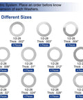 Front view of 1/2-28 barrel shim kit; gray metal washers, 44-pack, 11 thicknesses from .002 to .030 in.
