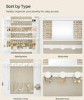 LED Jewelry Cabinet Organizer with Lockable Door and Wall Mount Rounded Wide Mirror hidden jewelry storage interior view