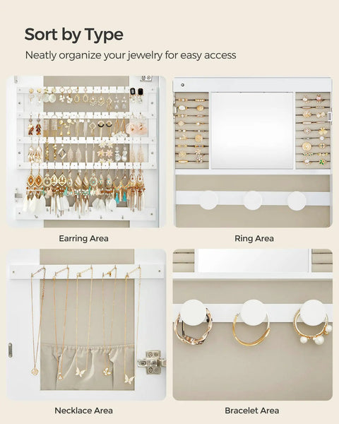 LED Jewelry Cabinet Organizer with Lockable Door and Wall Mount Rounded Wide Mirror hidden jewelry storage interior view