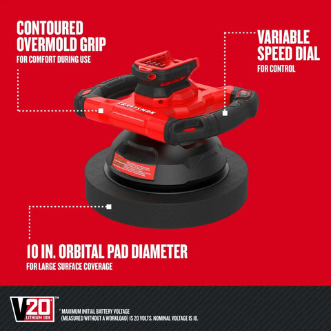 V20 Cordless Buffer Polisher For Car Detailing, 10 Inch Orbital Polisher With Splash Guard, Bare Tool Only, Variable Speed Dial, 2800 OPM, Versatrack Compatible, Pro Grade Car Care Tool depicted with contoured grip and 10-inch pad