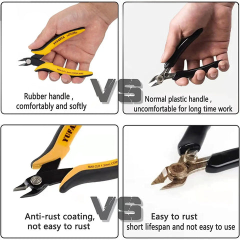 Comparison of 5 Pack Flush Cutters For Wire And Cable Cutting With Soft Grip Anti Slip Handles versus standard plastic handles.