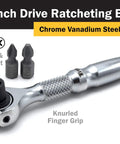 Compact 1/4-Inch Drive 4-Inch Swivel Head Micro Ratcheting Bit Driver With 90-Tooth Reversible Mechanism, chrome vanadium, silver.