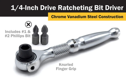 Compact 1/4-Inch Drive 4-Inch Swivel Head Micro Ratcheting Bit Driver With 90-Tooth Reversible Mechanism, chrome vanadium, silver.