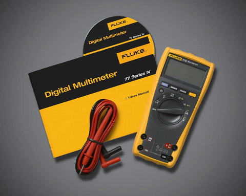 Automotive Digital Multimeter With Large Backlit Display, Auto And Manual Ranging, Min Max Recording, shown with manual and cables.