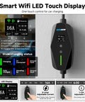 Smart Wifi EV Charger With App Control, Adjustable 8 To 16 Amperes, Quick Timer, Dual Voltage Ready, 25 Feet J1772 Cord showing LED touch display.