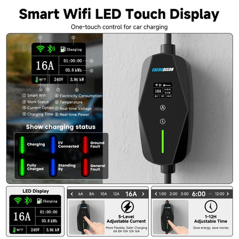 Smart Wifi EV Charger With App Control, Adjustable 8 To 16 Amperes, Quick Timer, Dual Voltage Ready, 25 Feet J1772 Cord showing LED touch display.