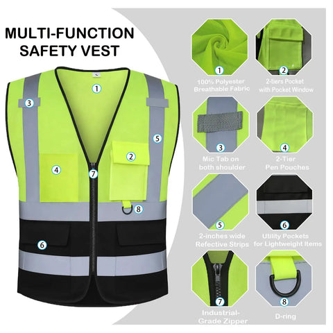 Premium Quality Straight Up Class 2 Hi Vis Safety Vest With Deep Cargo Pockets For Construction Crews Safety Compliant Reflective Mesh Gear Hella Visible For Highway And Active Job Sites Yellow Black Xl, featuring pockets and reflective strips.