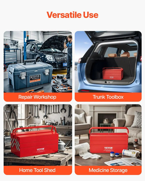 Solid 18 Inch Metal Tool Box With 3 Tier 5 Tray Layout, Fold Down Tool Chest For Garage Grinds And Truck Beds, Tough Powder Coated Steel For Sweet Organizing Vibes
