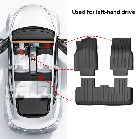 Custom Molded TPE Floor Mats For Tesla Model Y Juniper 2025 And Newer Custom Fit Liners shown in left-hand drive vehicle.