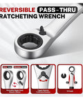 Reversible Pass-Thru Ratcheting Wrench close-up showing drive head, direction switch, compact design for mechanics auto tasks.