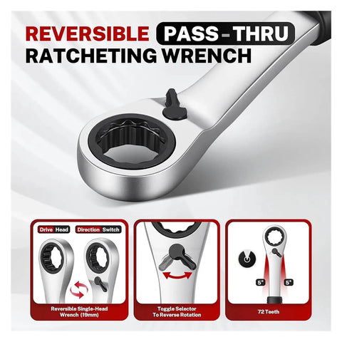 Reversible Pass-Thru Ratcheting Wrench close-up showing drive head, direction switch, compact design for mechanics auto tasks.