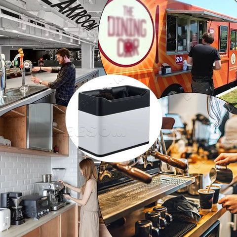 Hustle Free Automatic Puck Shooter Knock Box; black and white design for espresso coffee residue disposal in a home kitchen.