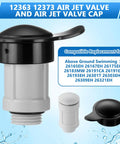Air Jet Valve And Cap Replacement Kit For Above Ground Pools with black cap and white valve, compatible with specified models