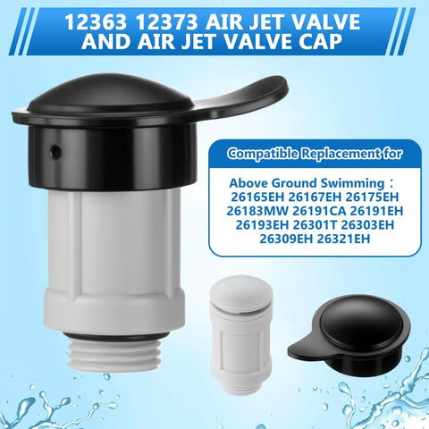 Air Jet Valve And Cap Replacement Kit For Above Ground Pools with black cap and white valve, compatible with specified models