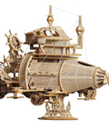 Epic 3D Wooden Puzzle Kit for a Steampunk Spaceship Airship Model Build, intricate wooden airship model on white background.