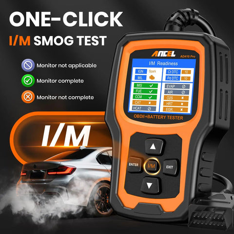 Front view of Two In One OBD2 Car Diagnostic Scanner And Battery Tester with car and I/M readiness display