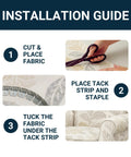Installation guide for 20ft upholstery tack strip; shows cutting fabric, placing tack strip and staple, and tucking fabric under strip