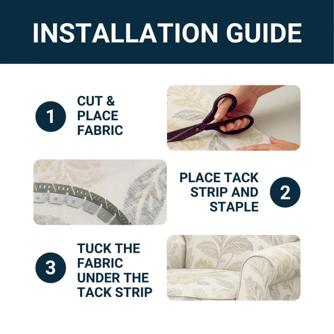 Installation guide for 20ft upholstery tack strip; shows cutting fabric, placing tack strip and staple, and tucking fabric under strip