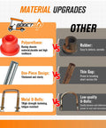 Material upgrades comparison showing Polyurethane, One-Piece Design, Metal U-Bolts vs. inferior materials for durability.