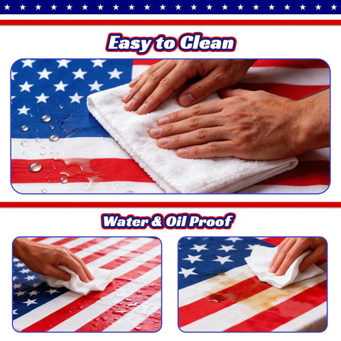 Person cleaning All American Patriotic Picnic Table Cover Set With Bench Covers American Flag Waterproof Windproof Fitted Tablecloth Elastic 72x30 Inch