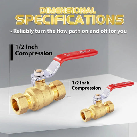 100 Pack One Half Inch Compression Shut Off Ball Valves With Red Handle For PEX Copper And CPVC Piping, Full Port Brass Construction, High Temperature And Pressure Resistant, DIY Plumbing Install Kit, 1/2 inch brass valve