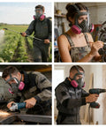 Collage of workers using All Day Comfort Full Face Respirator Mask With Reusable Dual Filter System in various industrial tasks
