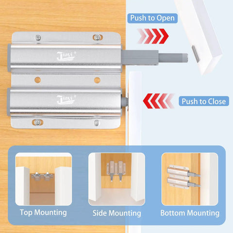 Heavy Duty Magnetic Push To Open Latch Built Rugged For Kitchen Cabinets And Drawers installation options on a wooden door.
