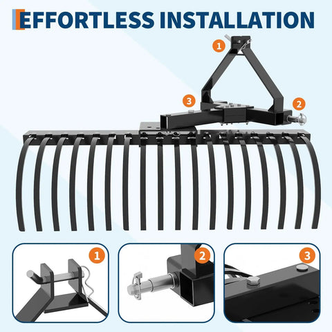 Tow Behind Dethatcher 50 Inch Wide With 18 Steel Tines, 3 Point Lawn Dethatcher Rake For Tractor Attachments, installation guide