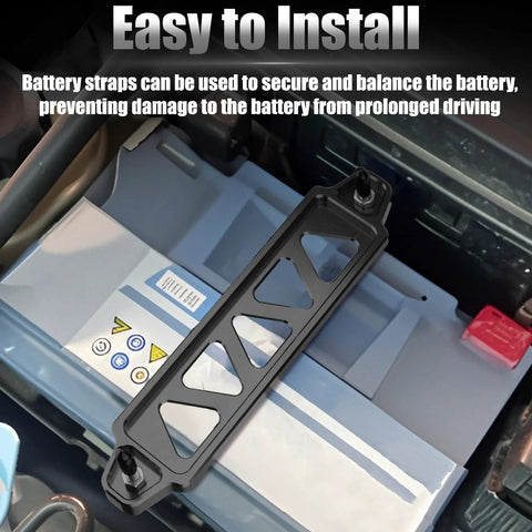 Universal 8.5 Inch Triangular Battery Hold Down Kit With Five Hole Bracket And J Bolts Aluminum Alloy Construction Tough As Nails Built To Last For Car SUV RV Battery Tie Down Mount Black installed on car battery