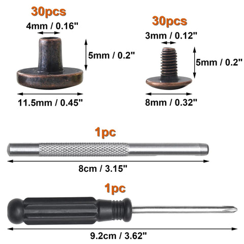 30 Set Antique Copper Chicago Screws And Leather Rivets Metal Studs For Shoes Belts Bags Purses With Heavy Duty Zinc Alloy Fasteners And Pro Install Tools, showing various screw sizes and installation tools.