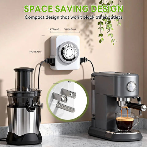 24 Hour Mechanical Outlet Timer With Dual Grounded Receptacles For Indoor Use, compact design, connects to juicer and coffee machine.