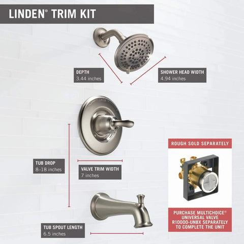 Detailed view of Linden 14 Series Tub and Shower Trim Kit with 5 Spray Touch Clean Shower Head in chrome finish, dimensions labeled.