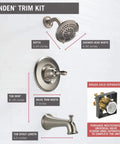 Linden 14 Series Tub And Shower Trim Kit With 5 Spray Touch Clean Shower Head In Stainless Finish T14494-SS dimensions guide