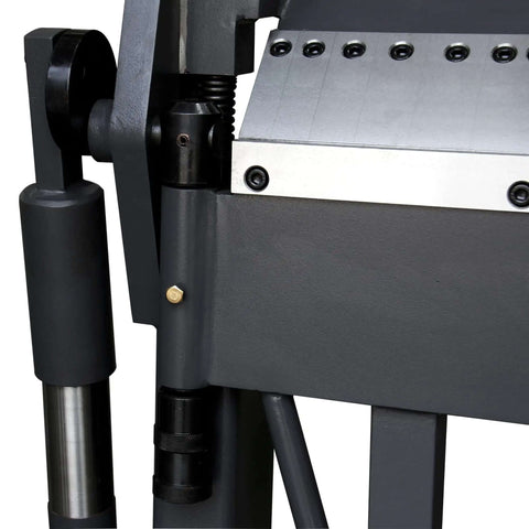 Close-up of the Workhorse 40 Inch Box And Pan Brake for 12 Gauge Mild Steel, highlighting foot control and clamp mechanism, PBB4012