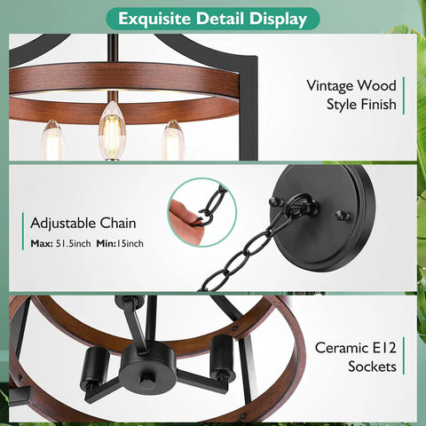 Exquisite detail display of 3 Light Farmhouse Chandelier With Adjustable Height Pendant Or Convertible Semi Flush Mount, 14.5 Inch Rustic Ceiling Light Fixture For Dining Room Kitchen Foyer Entryway, Vintage Style Hanging Lighting With Removable Chain.