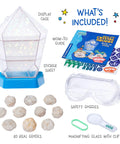 Real Break Open Crystal Geodes Kit With Display Case And Bonus Goggles And Magnifying Glass Companion Audio Content STEM Toy For Kids 6 Plus To Dig Explore Collect And Show Off Their Geode Finds, with 10 real geodes