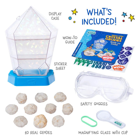 Real Break Open Crystal Geodes Kit With Display Case And Bonus Goggles And Magnifying Glass Companion Audio Content STEM Toy For Kids 6 Plus To Dig Explore Collect And Show Off Their Geode Finds, with 10 real geodes