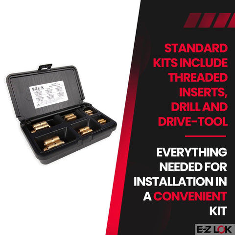 Knife Threaded Inserts For Hardwood Kit With Drill And Drive Tool, brass thread inserts M3-0.5 to M10-1.5, 60 pieces in case.